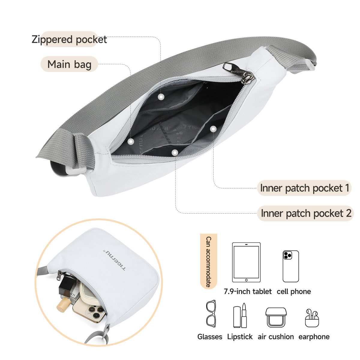 TIGERNU T-S81188 Sac à bandoulière compact 2 L compatible tablette multi-compartiments
