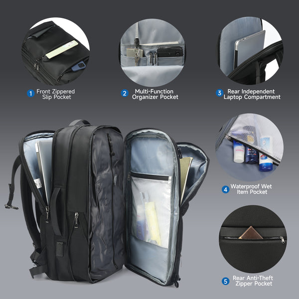 Work backpack interior showing organized compartments and laptop sleeve