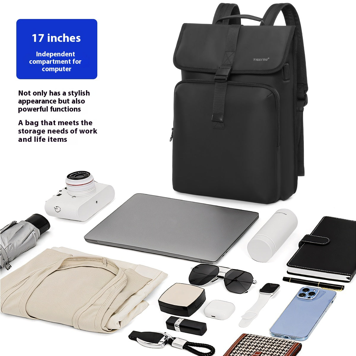 TIGERNU T-B91115 Business Backpack with USB Charging Port & Multi-Layer Organization