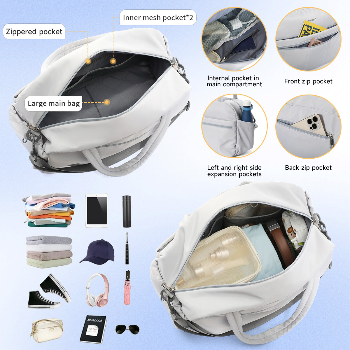 TIGERNU T-N1062 Multi-Compartment Travel Tote Bag with Shoulder Strap