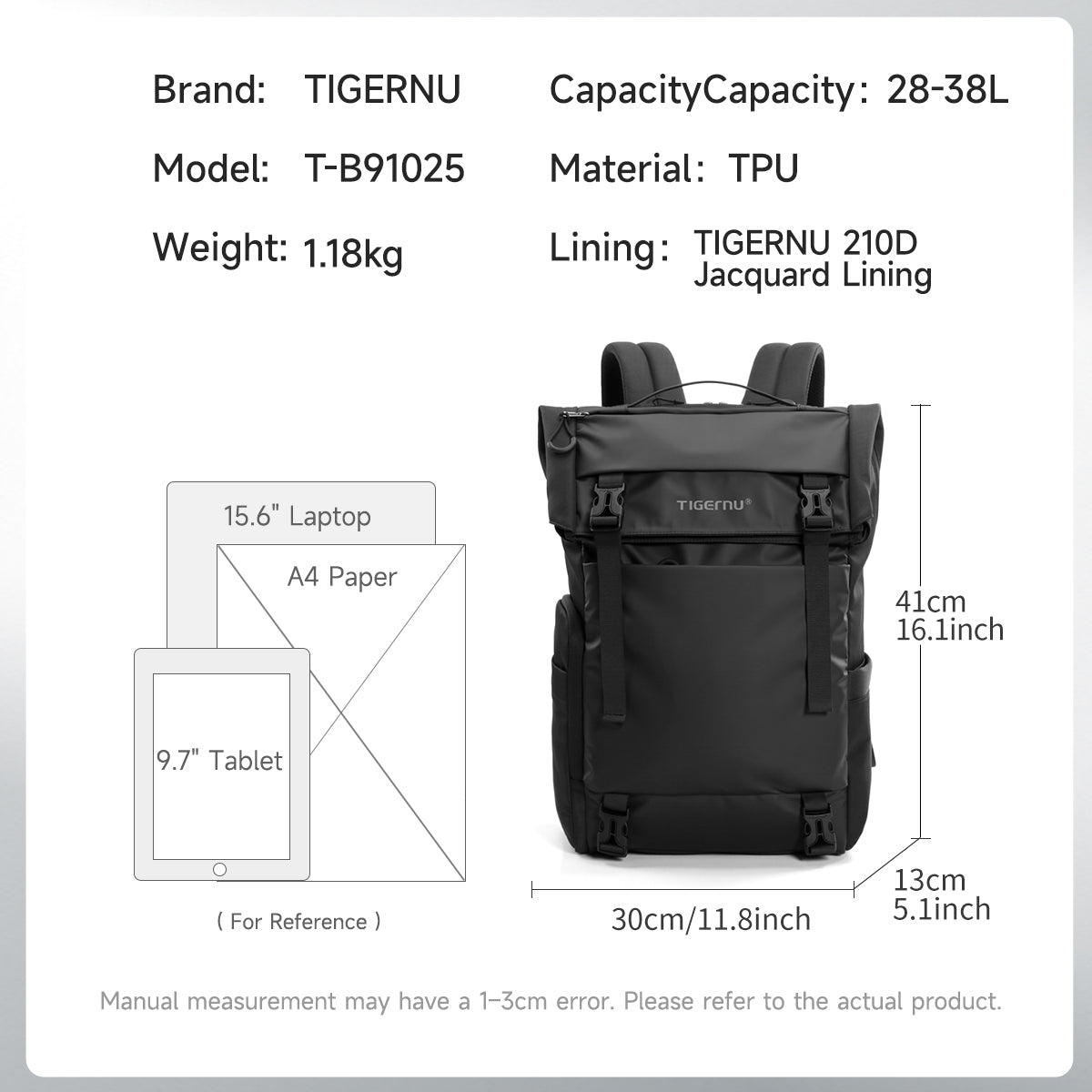TIGERNU T-B91025 Expandable Travel Backpack 28-38L Laptop Compatible