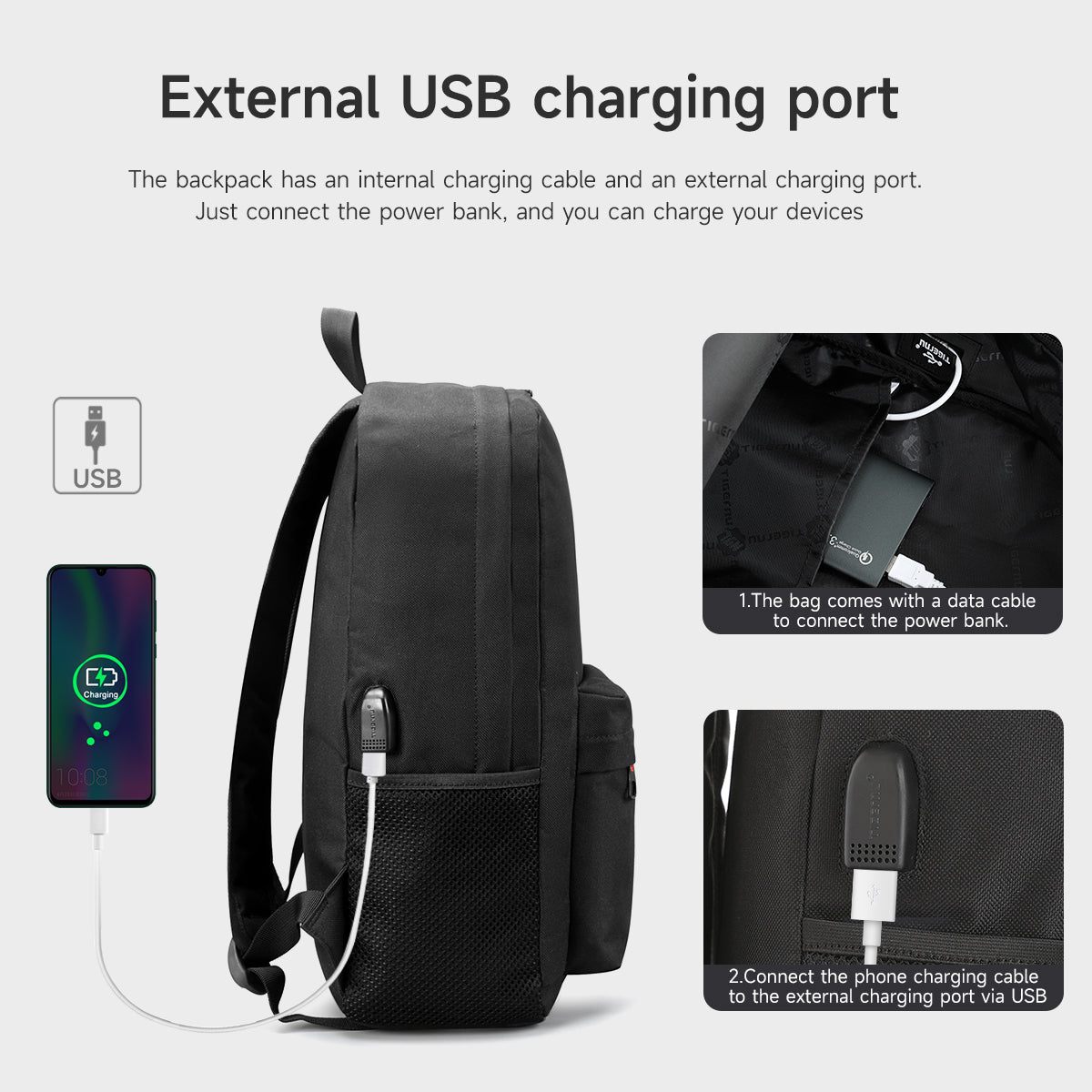 TIGERNU T-B3249 Laptop Backpack - 14L Capacity Business Travel Bag with USB Charging Port