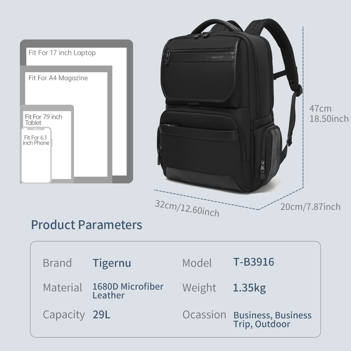 Tigernu T-B3916 17 inch large capacity anti theft splash proof back pack Custom laptop bagpack travel backpack for men