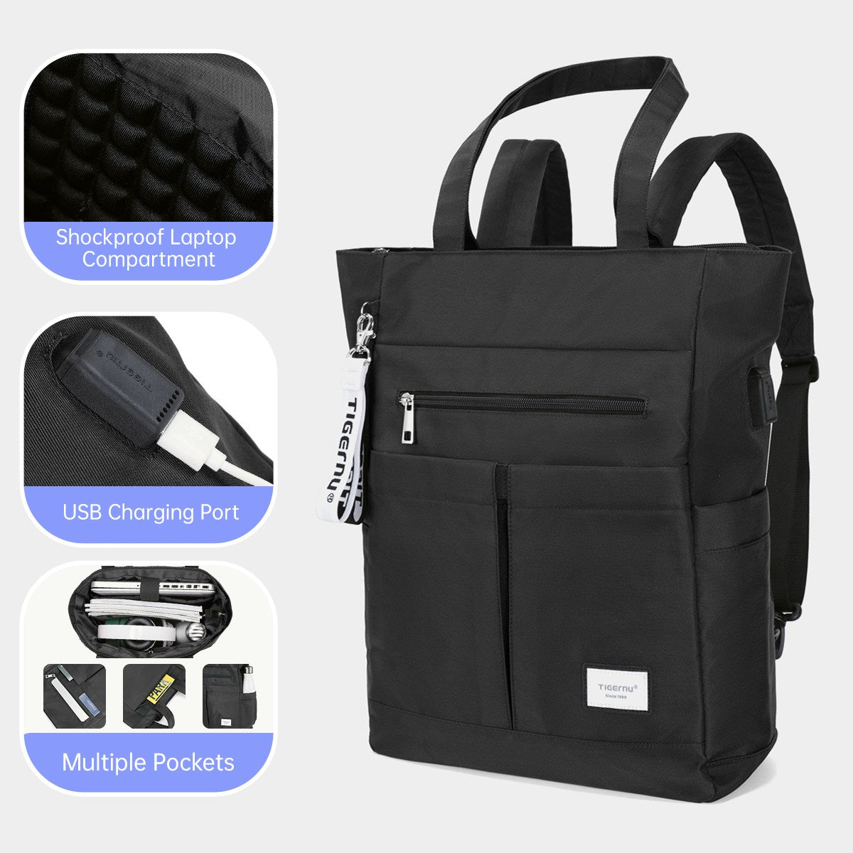 TIGERNU Women's Convertible Laptop Tote Backpack for Work & Commute - detail view