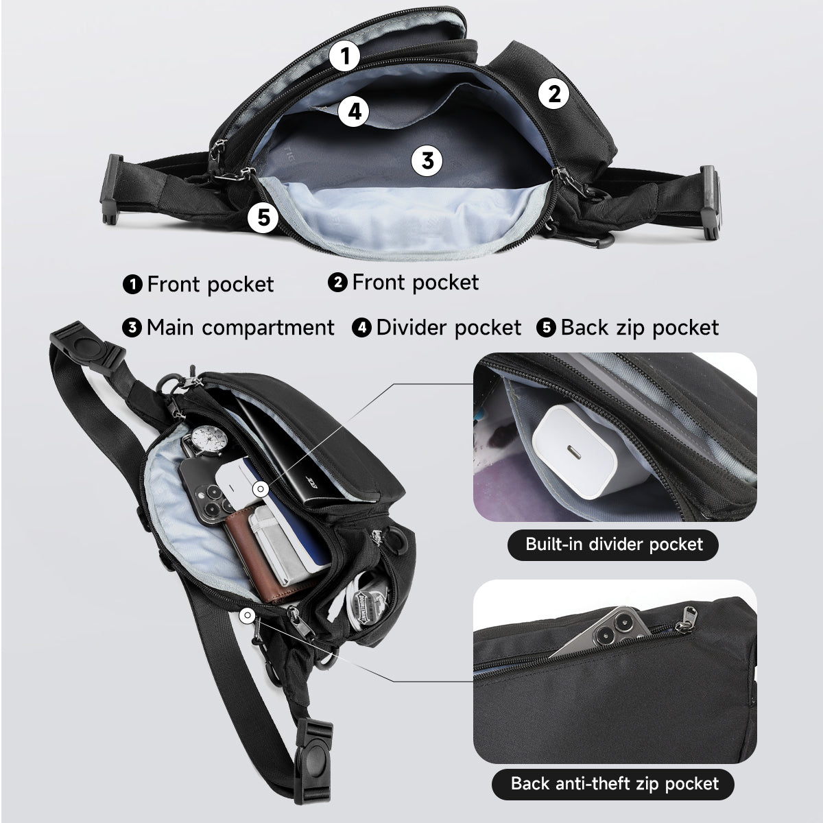 Sac banane multi-compartiments TIGERNU T-S81119 3 L avec sangle rotative