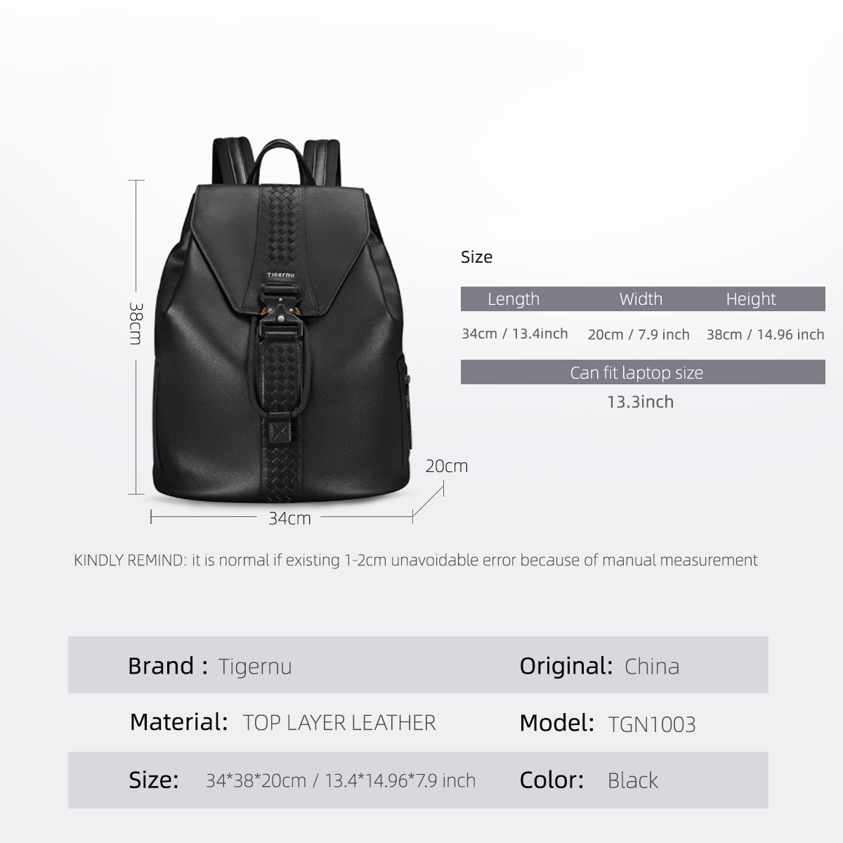Tigernu Top Layer Leather Women Fashion Backpack Fit For 13.3inch Laptop Backpack Bag Large Capacity No Zipper Convenient To Use