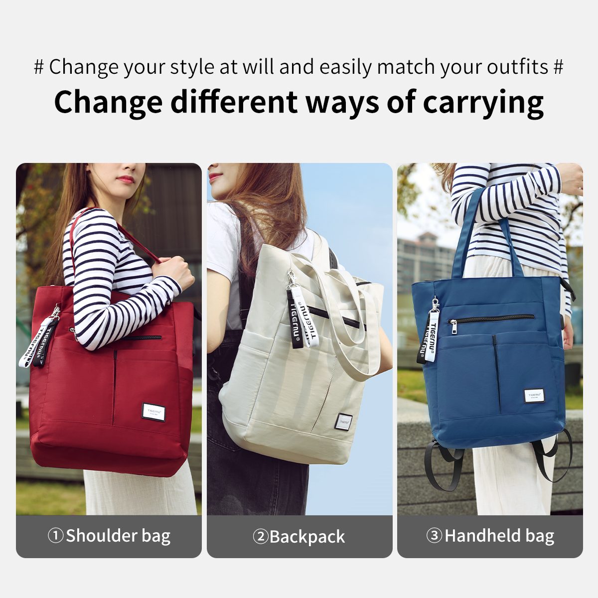 Convertible tote backpack with shoulder and backpack carrying options