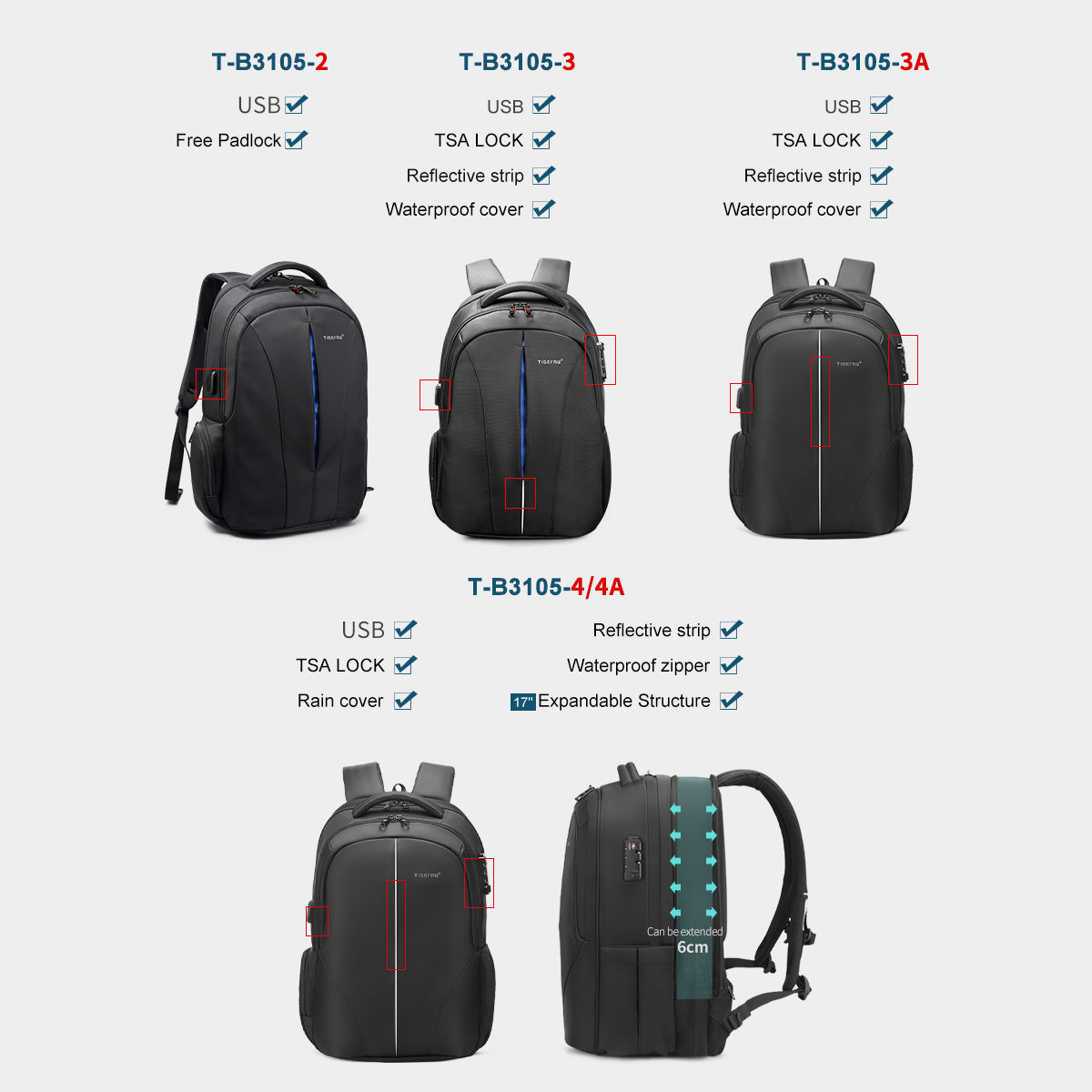TIGERNU T-B3105 TSA Lock Business Travel Backpack Black-3A 15.6