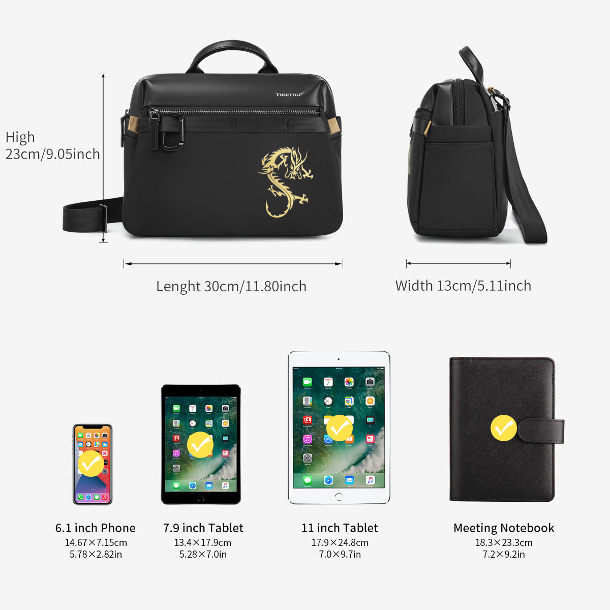 Lifetime warranty Fashion men's shoulder bag Chinese style handbag suitable for 11 inch tablet computer waterproof shoulder bag dragon series