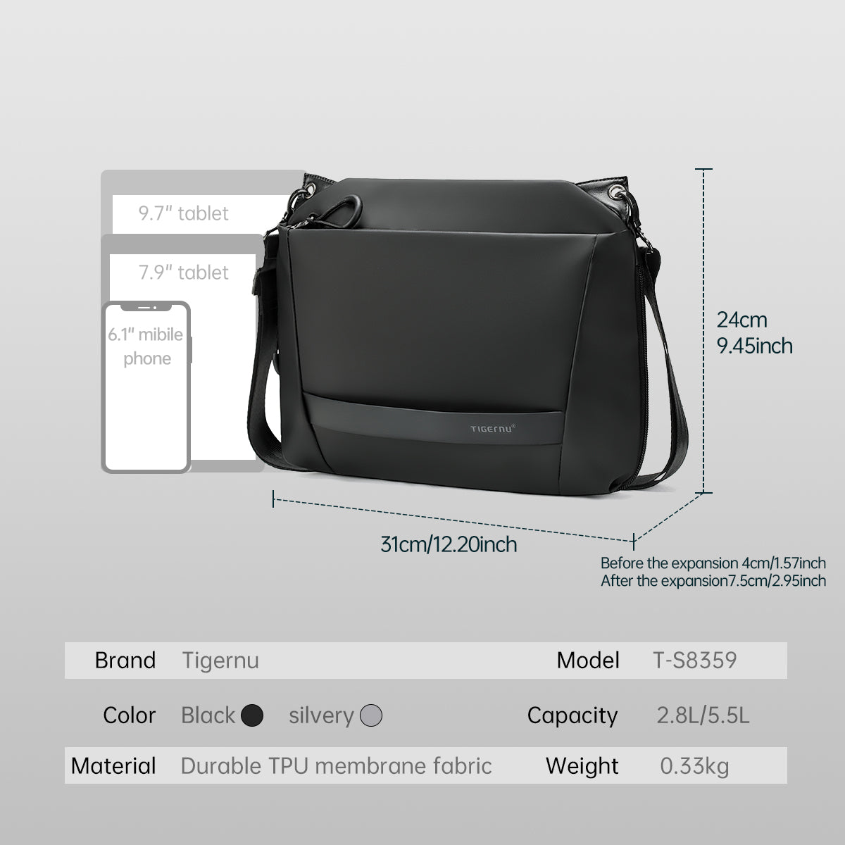 Tigernu T-S8359 customize brand new design expandable casual cross body bag teenager messenger bag for men