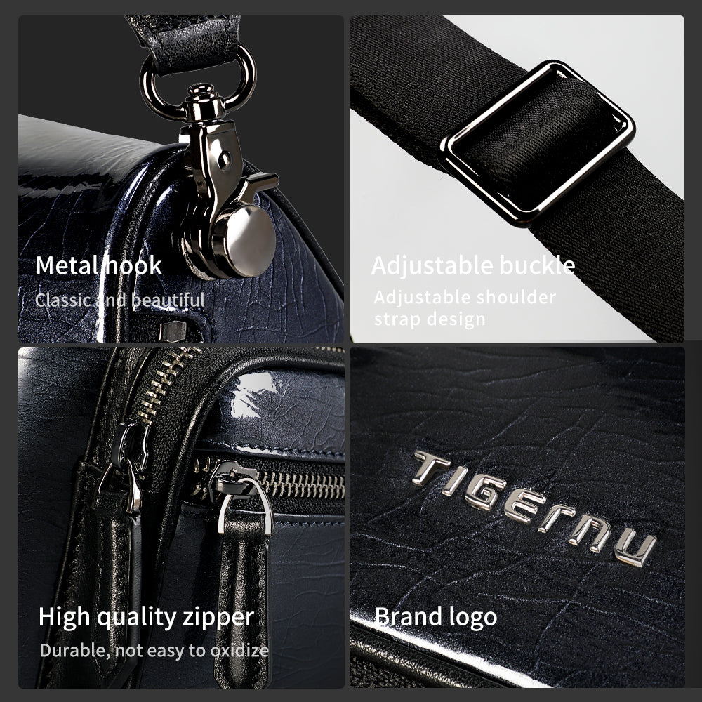 Detailed display of black leather shoulder bag model TGN1001