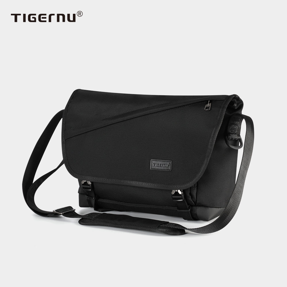 Side view of a black crossbody bag with model T-S8098