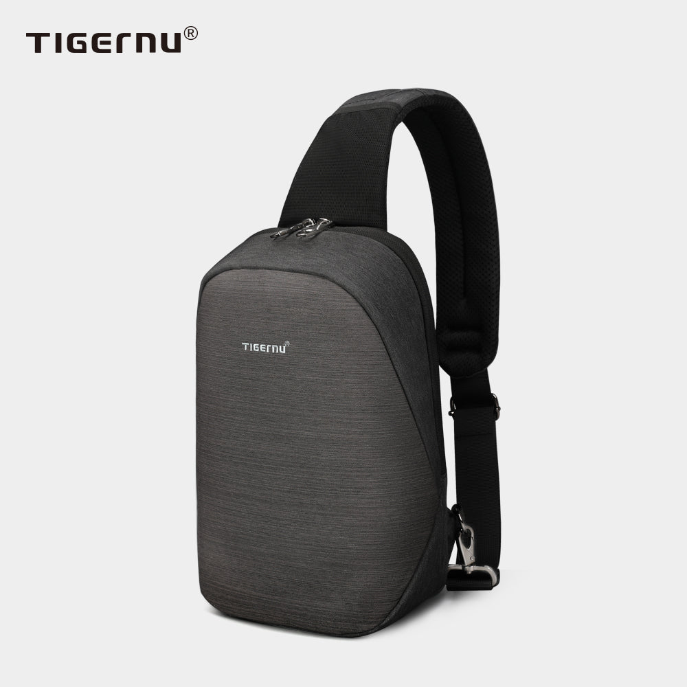 Side view of a typical black shoulder bag with model T-S8061
