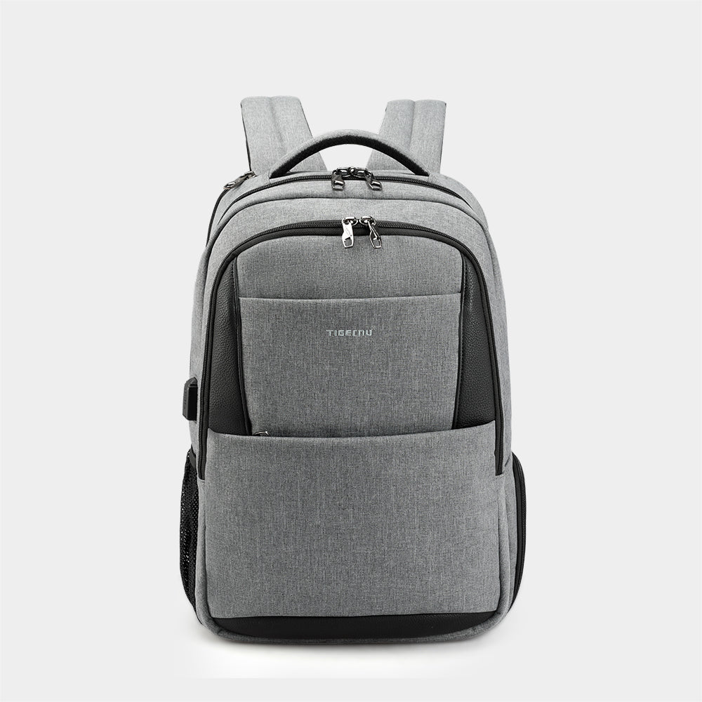 The image on the back of the anti theft USB charging neutral grey adult backpack model T-B3515